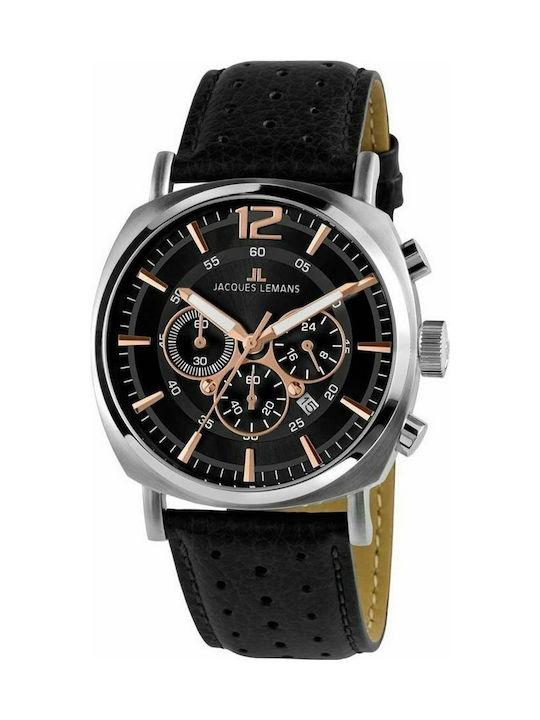 Jacques Lemans Lugano Uhr Chronograph Batterie mit Schwarz Lederarmband