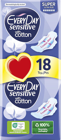 Every Day Sensitive with Cotton Super Hygienepads mit Flügeln für Starke Strömung 6 Tropfen 18Stück Ultra Plus