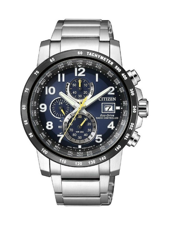 Citizen Radio Controlled Eco Drive Ανδρικό Ρολόι 43mm Χρονογράφος Eco - Drive με Ασημί Μεταλλικό Μπρασελέ