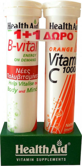 Health Aid B-Vital & Vitamin C Πολυβιταμίνη B-Vital 20 αναβράζοντα δισκία & Vitamin C 1000mg γεύση Πορτοκάλι 20 αναβράζοντα δισκία για Ενέργεια & Ενίσχυση του Ανοσοποιητικού 1000mg Πορτοκάλι