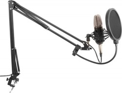 Vonyx Condenser XLR Microphone Studio Set / Condensor microphone with stand and Shock Mounted/Clip On for Voice In Silver Colour