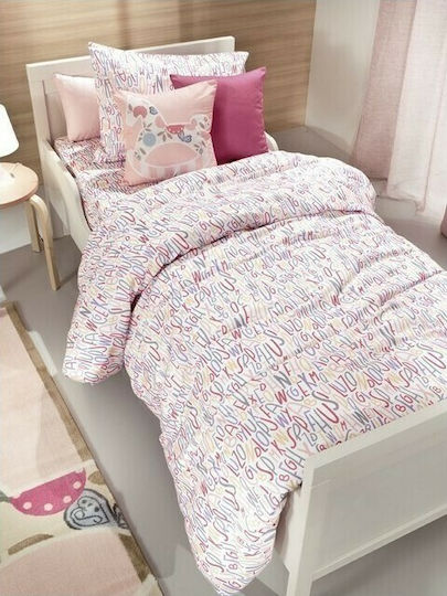 Saint Clair Σετ Σεντόνια Μονά Βαμβακερά Letters Pink 160x250cm 3τμχ