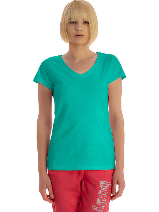 Bodymove 614-03 Women's Summer Blouse Cotton Short Sleeve with V Neck Green 614-16