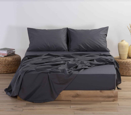 Nef-Nef Homeware Basic Bettlaken Semi-Doppel 120x200+30cm mit Gummibettlaken Dunkelgrau
