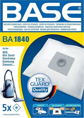 BASE BA1840 Σακούλες Σκούπας 5τμχ Συμβατή με Σκούπα Zanussi / Samsung / Electrolux / Dirt Devil / AEG