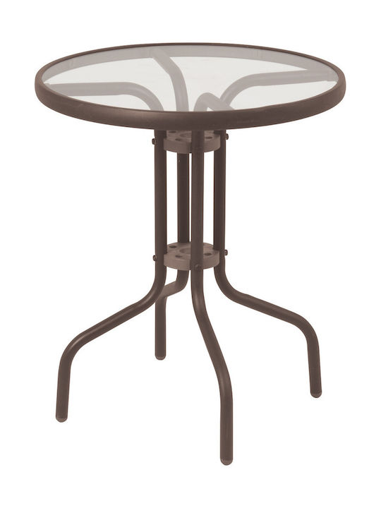 Outdoor Table for Small Spaces with Glass Surface and Metal Frame Brown 70x70x75cm