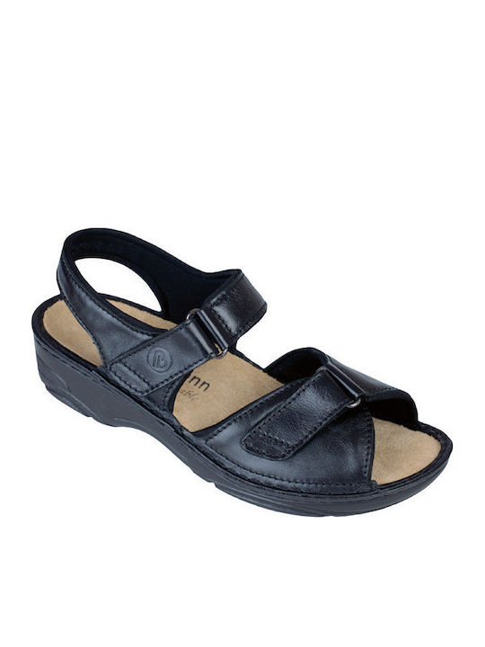 Fabienne Leather Women's Flat Sandals Anatomic with Strap in Black Color
