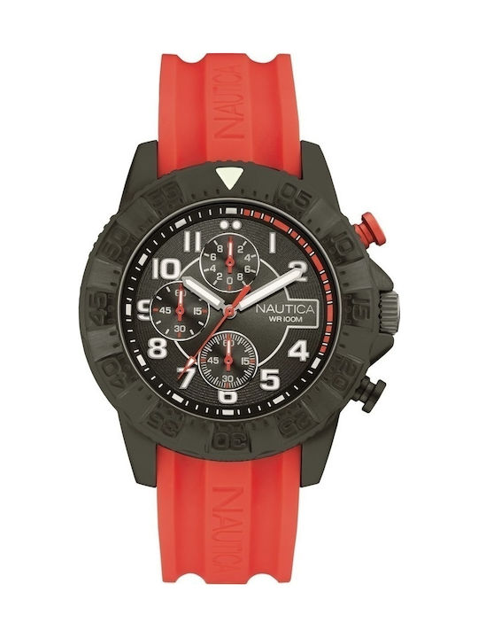 Nautica Watch Chronograph Battery with Red Rubber Strap NAI17514G