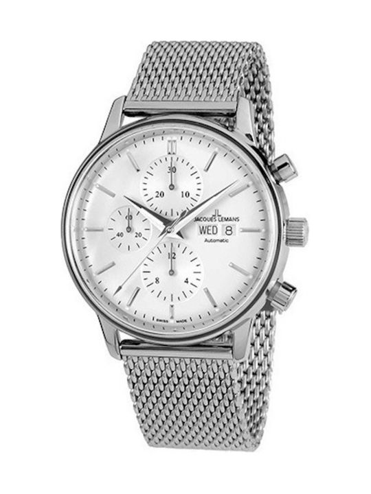 Jacques Lemans Watch Chronograph Battery with Silver Metal Bracelet N-208E