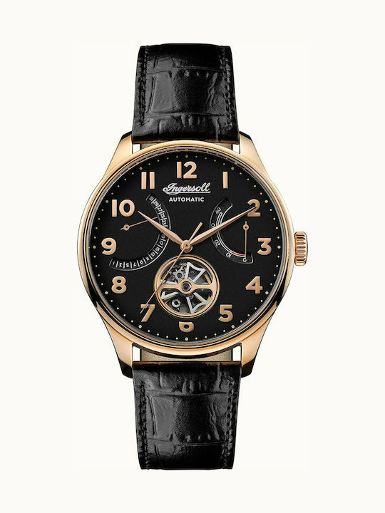 Ingersoll Ανδρικό Ρολόι 44mm Χρονογράφος Αυτόματο με Μαύρο Δερμάτινο Λουράκι