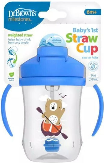 Dr. Brown's Детска Чаша с Дръжки и Сламка Baby's First Straw Cup от Пластмаса Синя Bear 270ml за 6m+