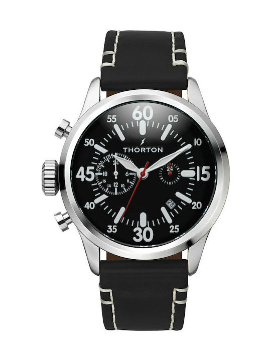 Thorton Ανδρικό Ρολόι 47mm Χρονογράφος Μπαταρίας με Μαύρο Δερμάτινο Λουράκι