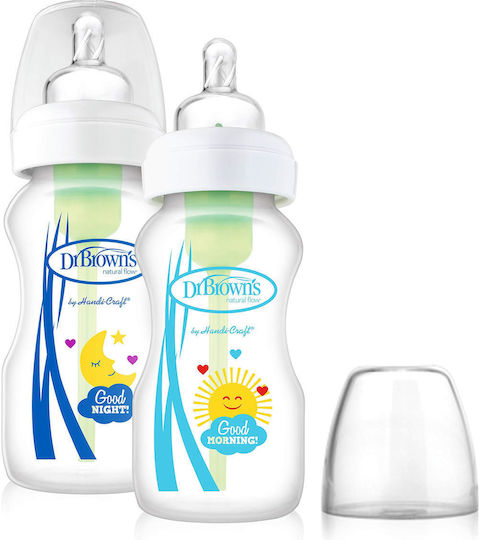 Dr. Brown's Biberoane Bebelusi Plastic Options Biberoane Plastic cu Gât Larg Bună Dimineața Anti-colici cu Tetina Din Silicon pentru 2+ Luni 270ml