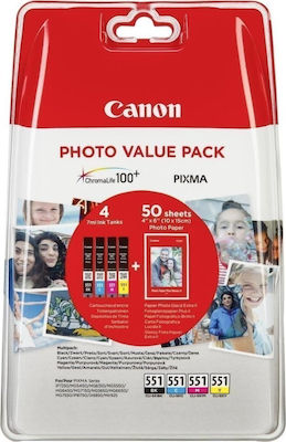 Canon CLI-551 Pachet foto cu 4 cartușe de cerneală pentru imprimante InkJet Galben / Cyan / Magenta / Negru (6508B005)