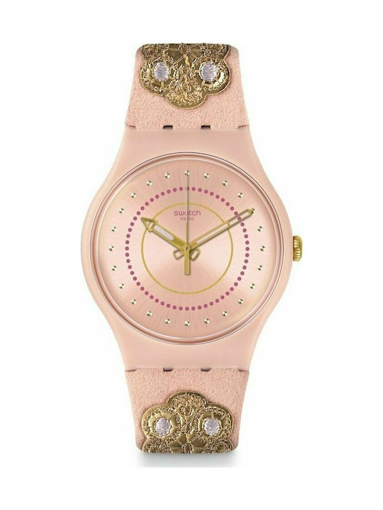 Swatch Embroidery Watch with Pink Leather Strap