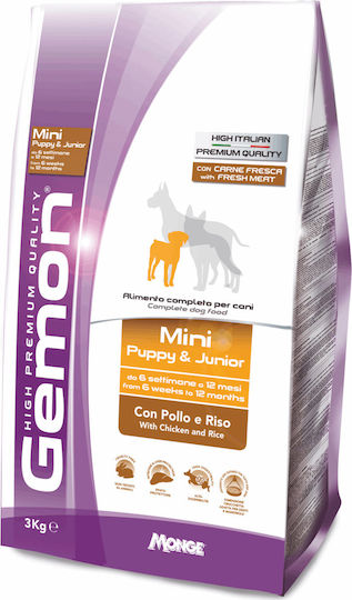 Monge Gemon Mini Puppy & Junior 3kg Dry Food for Small Breed Puppies with Rice and Chicken