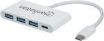 Manhattan IADAP USB31-HUB31C USB 3.1 Hub 4 Porturi cu conexiune USB-C și Port de încărcare Alb (163552)