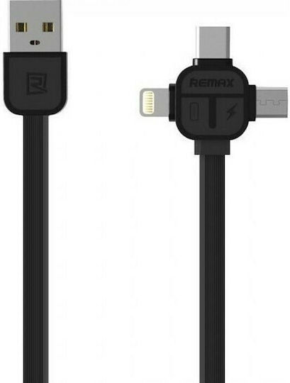 Remax Lesu RC-066th Flat USB to Lightning / Type-C / micro USB Cable 2.1A Μαύρο 1m