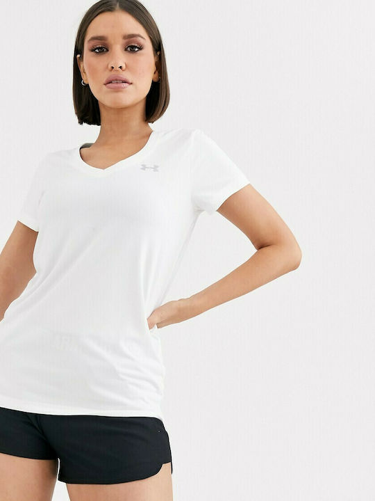 Under Armour Tech Damen Sport T-Shirt Schnell trocknend mit V-Ausschnitt Weiß