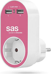 SAS Φορτιστής Χωρίς Καλώδιο με 2 Θύρες USB-A Ροζ (Go Multi)