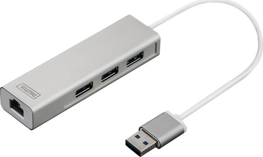 Digitus USB 3.0 Hub 3 Porturi cu conexiune USB-A / Ethernet Argintiu