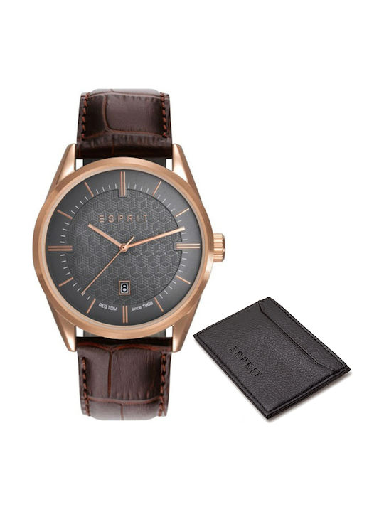 Esprit Ανδρικό Ρολόι 41mm Μπαταρίας με Καφέ Δερμάτινο Λουράκι