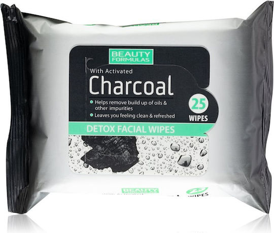 Beauty Formulas Charcoal Detox Facial Wipes Μαντηλάκια Ντεμακιγιάζ Προσώπου 25τμχ