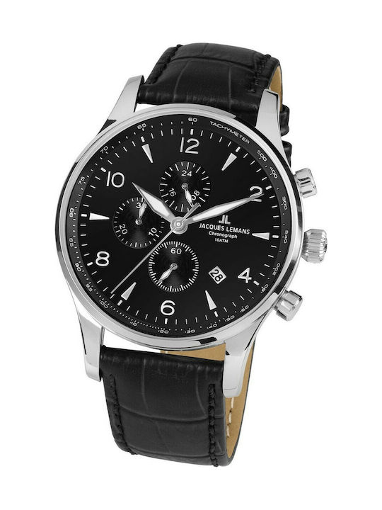 Jacques Lemans London Battery Chronograph Watch with Leather Strap Black