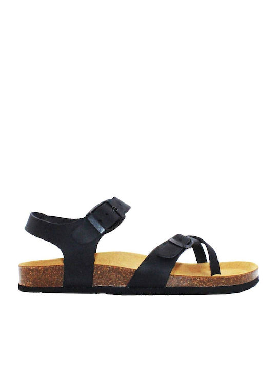 Leder Flache Sandalen für Damen Anatomisch mit Riemen in Schwarz Farbe