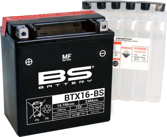 BS Maintenance Free Motorradbatterie YTX16-BS mit Kapazität 14.7Ah
