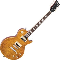 Vintage V100AFD ReIssued Elektrische Gitarre mit Form Einfacher Schnitt und HH Pickup-Anordnung Paradise Flamed Amber