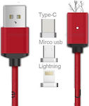 Braided / Magnetic USB to Lightning / Type-C / micro USB Cable Κόκκινο 1m