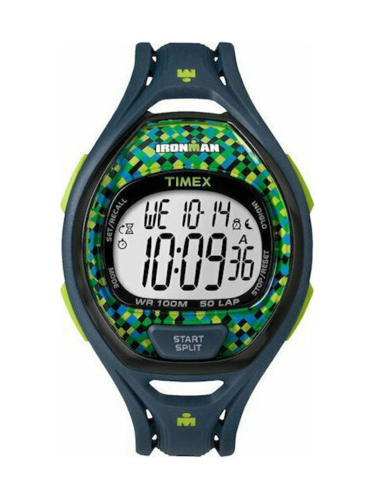 Timex Ironman Sleek Digital Watch Chronograph Battery with Blue Rubber Strap