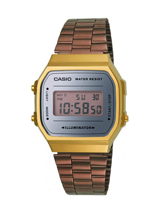 Casio Vintage Iconic Digital Watch Chronograph Battery with Brown Metal Bracelet