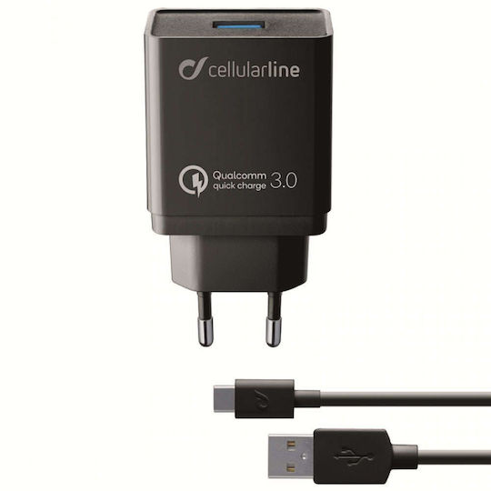 Cellular Line Charger with USB-A Port and Cable USB-C 18W Quick