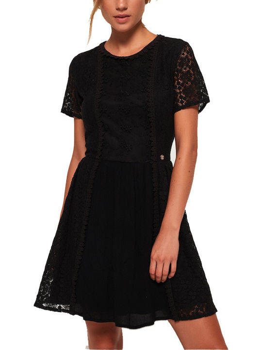 Superdry Ella Mini Βραδινό Φόρεμα με Δαντέλα Μαύρο
