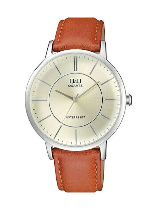 Q&Q Watch Battery with Brown Leather Strap QA24J300Y