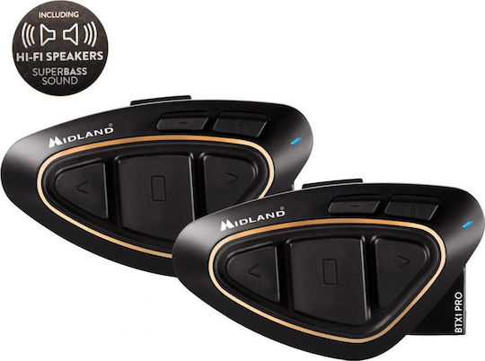 Midland BTX1 Pro Hi-Fi Twin Pack Διπλή Ενδοεπικοινωνία για Κράνος Μηχανής με Bluetooth