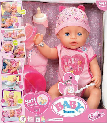 ZAPF Creation Baby Doll Set Baby Born Soft Touch Girl Blue Eyes for 3+ Years Old 43 cm.