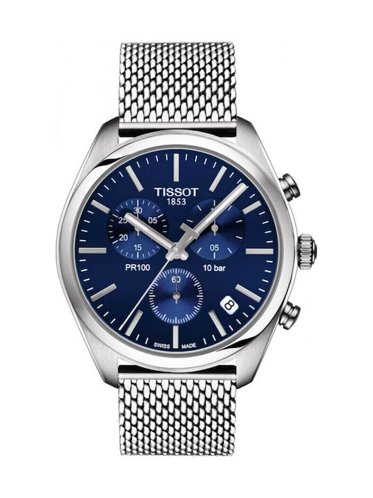 Tissot T-Classic PR 100 Chronograph Ανδρικό Ρολόι 41mm Χρονογράφος Μπαταρίας με Ασημί Μεταλλικό Μπρασελέ