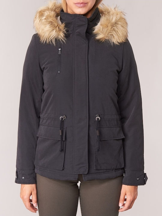 Women's Short Parka Jacket for Winter with Detachable Hood Black