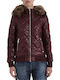 Women's Short Puffer Jacket for Winter with Hood Burgundy