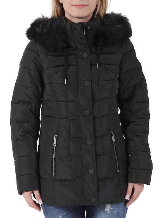 Biston Scurt Jachetă de femei Puffer cu glugă de blană pentru iarnă Negru