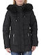 Kurz Damen Puffer Jacke mit pelziger Kapuze für Winter Schwarz