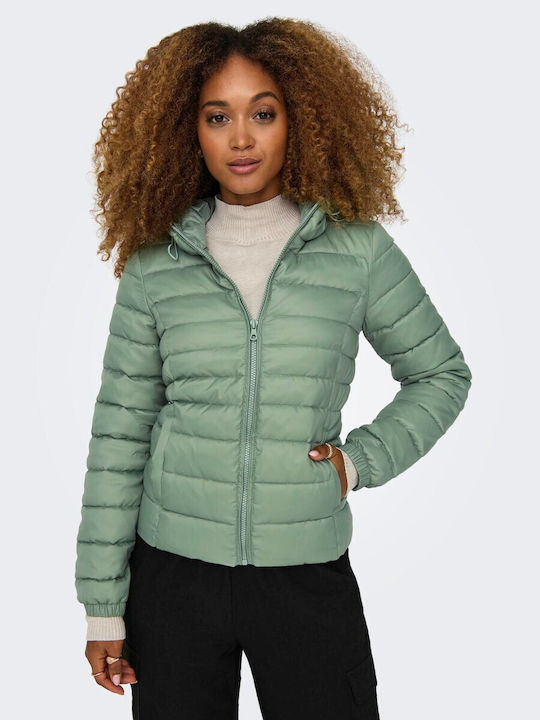 Only Women's Short Puffer Jacket for Winter with Hood Khaki