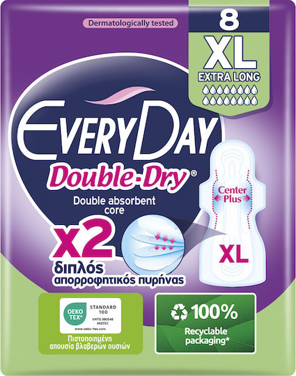 Every Day Double Dry Extra Long Sanitary Pads with Wings Ultra Plus for Heavy Flow 8 Drops 8pcs