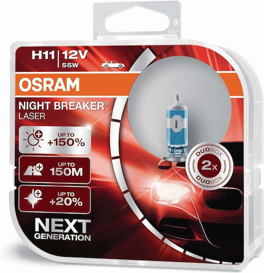 Osram Lamps Car Night Breaker Laser +150% H11 Halogen 3200K Warm White 12V 55W 2pcs