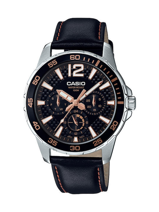 Casio Ρολόι Χρονογράφος Μπαταρίας με Δερμάτινο Λουράκι σε Μαύρο χρώμα