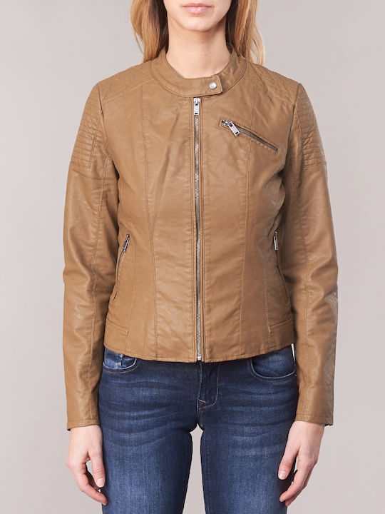 Only Women's Short Biker Artificial Leather Jacket for Winter Cognac