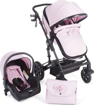 Kikka Boo Darling 3 in 1 Verstellbar 3 in 1 Baby Kinderwagen Geeignet für Neugeborene Pink Ribbon 12kg